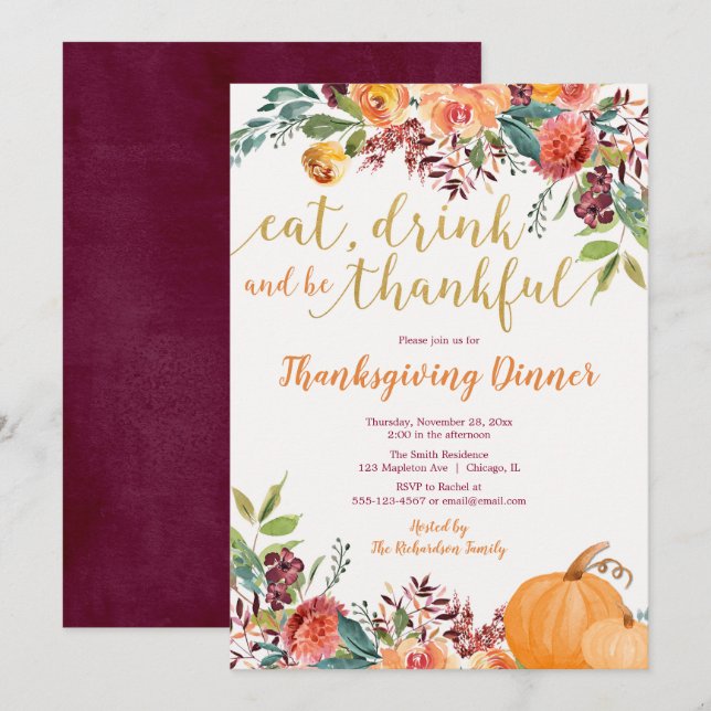 Ät dryck och var god Thanksgiving Middag Inbjudningar (Fram/baksida)