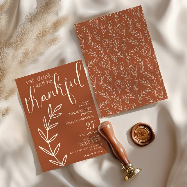 Ät dryck och var god Thanksgiving Middag Inbjudningar (Eat Drink and be Thankful Thanksgiving Dinner Invitation with Hand Drawn Florals)