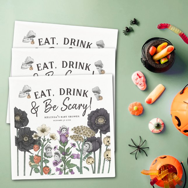 Ät dryck och var scary Halloween Baby Shower Pappersservett (Eat, drink and be scary Halloween baby shower party paper napkins with flowers and mushroom ghosts.)