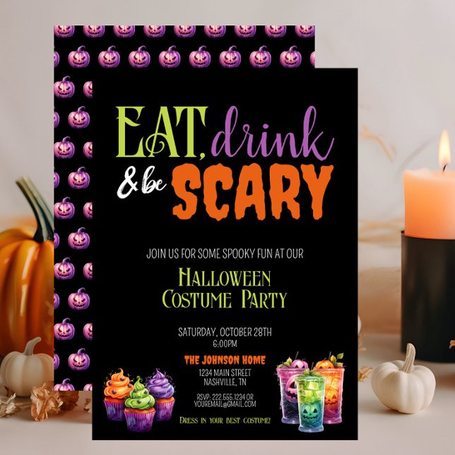 Ät, dryck och var scary Halloween Costume Party Inbjudningar (Eat, Drink & Be Scary Halloween Costume Party Invitation, Cupcakes, Scary, Green, Orange, Purple)
