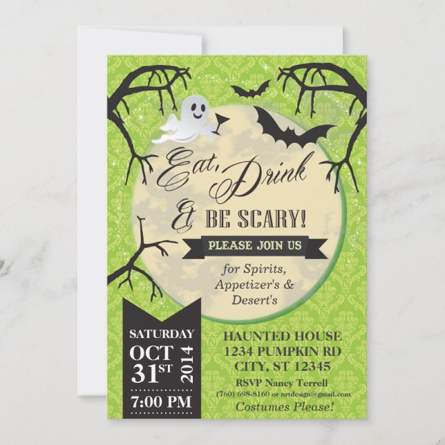 Ät, dryck och var scary Halloween Inbjudan - Grönt (Framsida)