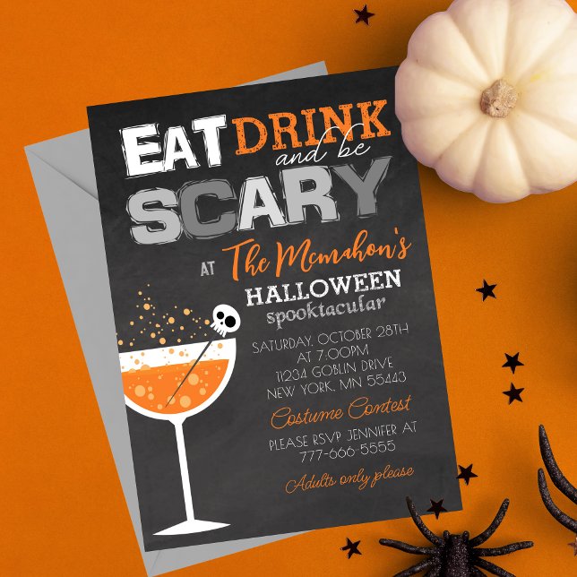 Ät dryck och var scary Halloween Vuxen Party Inbjudningar (Eat Drink and Be Scary Elegant Adult Chalkboard Halloween Invitations. Available Digital or Printed)