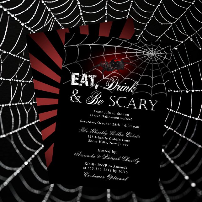 Ät dryck och var Scary Spider Halloween fest Inbjudningar ("Eat Drink and Be Scary" Spider and Web Halloween Soiree Invitation )
