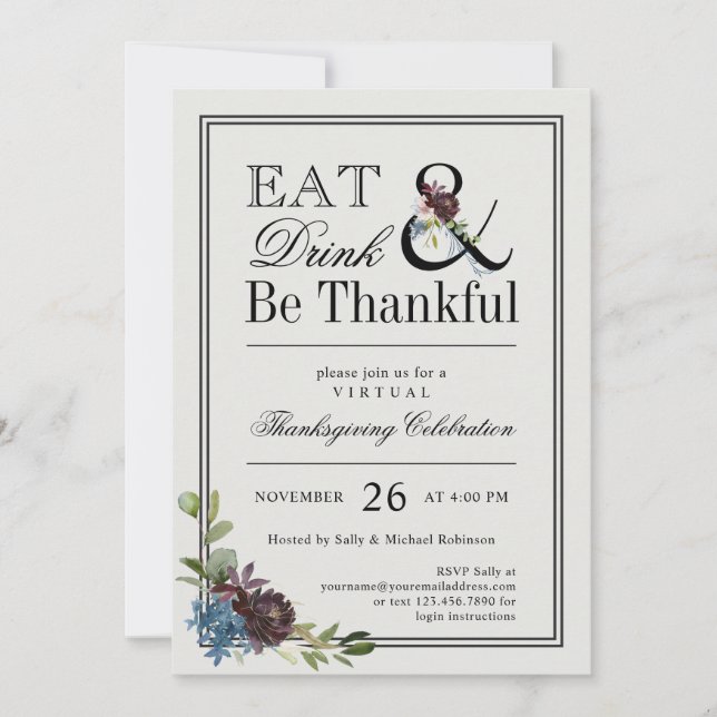 Ät dryck och var tacksam Virtuell Thanksgiving Inbjudningar (Framsida)