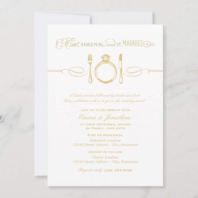 Ät dryck och vara gift med Guld Rehearsal Middag Inbjudningar (Framsida)