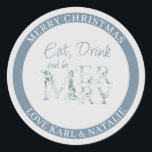 Ät dryck och vara god vattenfärg Ord jul Runt Klistermärke<br><div class="desc">Ät dryck och vara gips- och kuvertförseglingar med personlig och typografi för vintern och jultoma julhelg. Ät Drink och Merry är skrivna med avslappnad,  handskriven typografi och vinter-grön text i nyans i blå och grönt. Du kan redigera den återstående texten med en christmas hälsning,  namn och adress etc.</div>