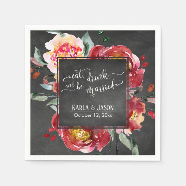 Ät dryck och vara märkta Röda blommor på kalkbräde Pappersservett (Framsidan)