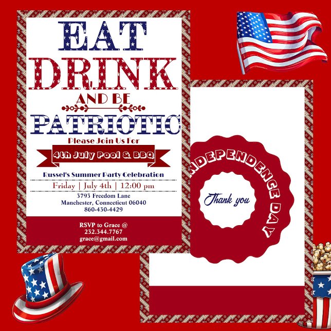 Ät dryck och vara patriotisk 4 juli Bassäng och BB Inbjudningar (Eat Drink & Be Patriotic 4th July Pool & BBQ Party Invitation)