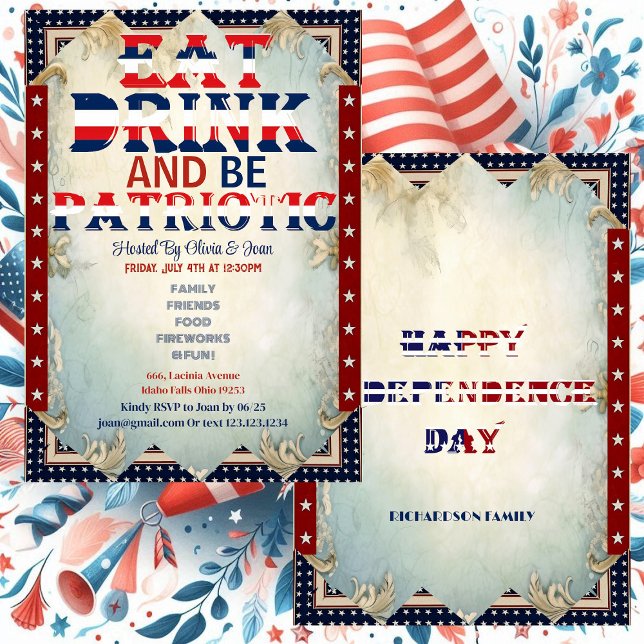 Ät dryck och vara patriotisk 4 juli Party Shabby c Inbjudningar (Eat Drink & Be Patriotic 4 July Party Shabby Chic Invitation)
