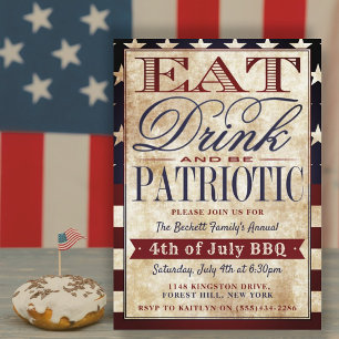 Ät, dryck och vara patriotisk Vintage 4 juli Inbjudningar