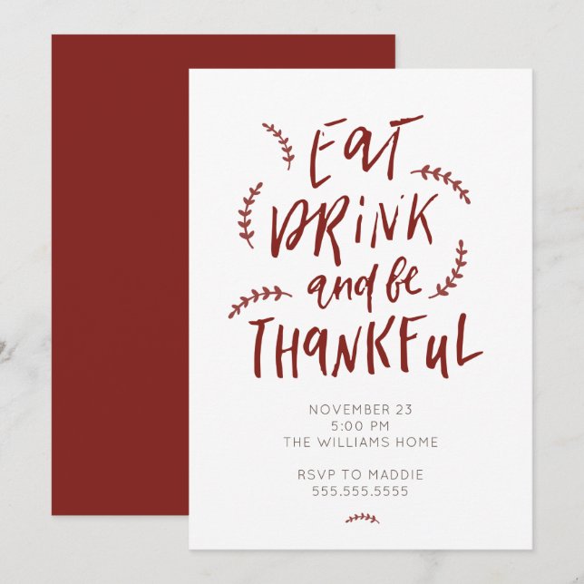 Ät dryck Var tacksam Thanksgiving Friendsgiving Inbjudningar (Fram/baksida)