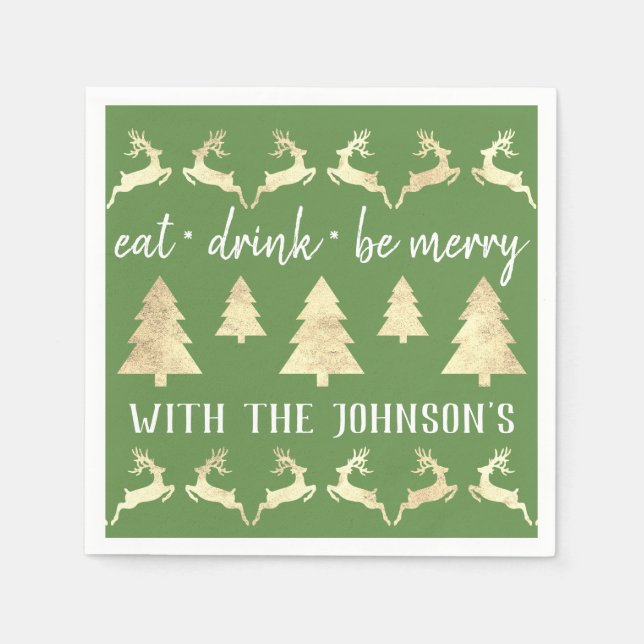 Ät dryck vara Guld renar Grönt Helgdagar Pappersservett (Framsidan)