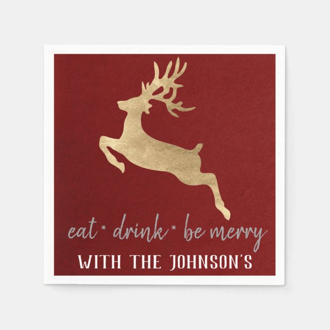 Ät dryck vara Merry Guld Reindeer Burgundy Grått Pappersservett (Framsidan)