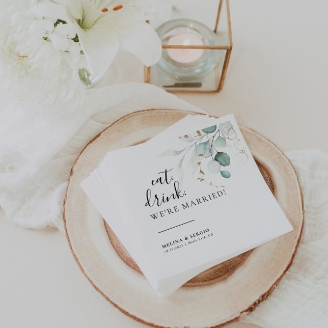 Ät dryck Vi är gifta Guld Grönt Bröllop Pappersservett (Skapare uppladdad)