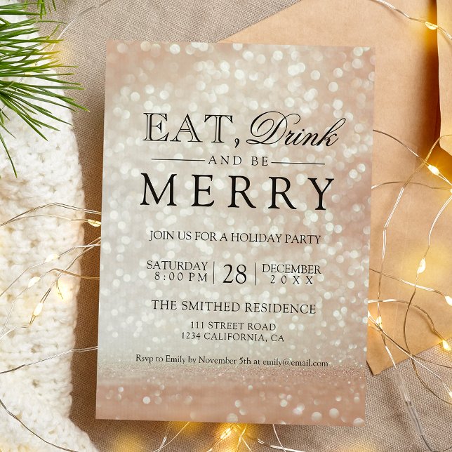 Ät dryck vid gränsen mellan Helgdag guld och glitt Inbjudningar (Eat drink be merry Holiday rose gold glitter bokeh Invitation)