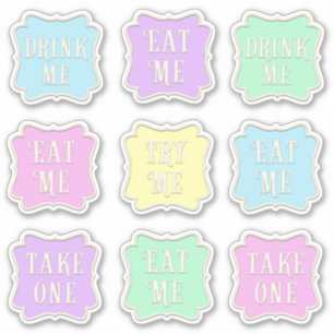 "Ät mig" "Drick mig" Wonderland Tea Party Pastel Klistermärken