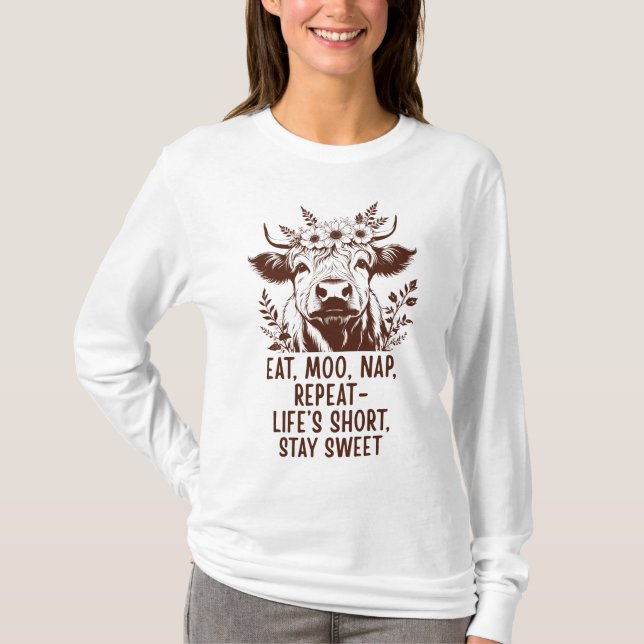 Ät Moo Natt Repeterar - Rolig Highland Ko  T Shirt (Framsida)