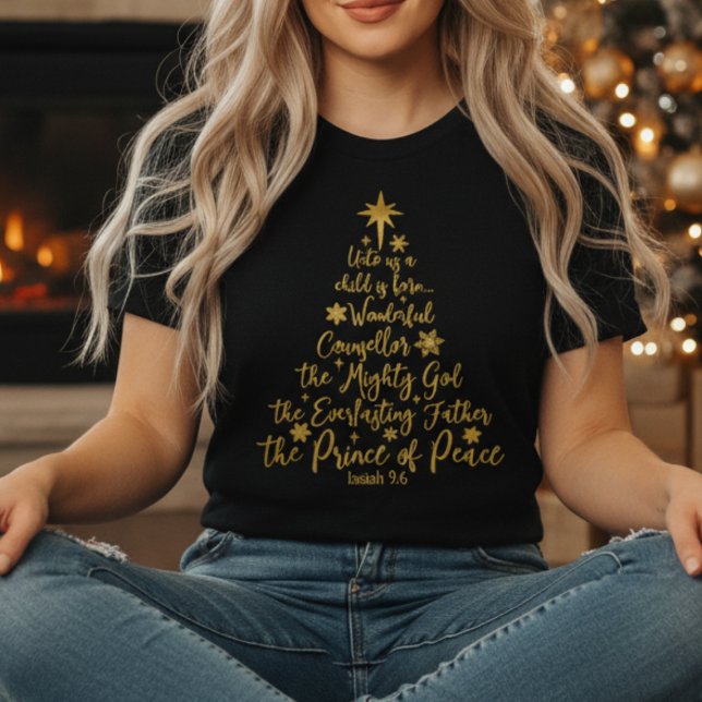 "Åt oss ett barn föds" Julgran T Shirt (Golden “Unto Us A Child Is Born” shirt — faith, scripture & Christmas joy in one design!)