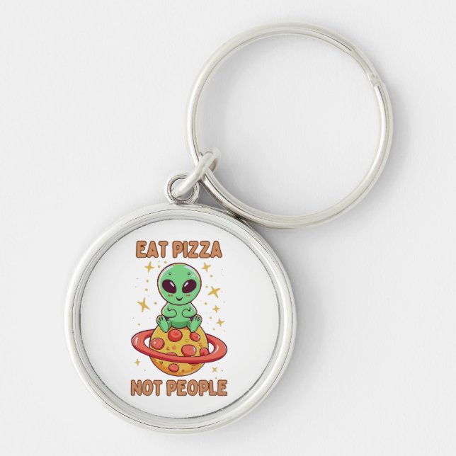 Ät pizza inte människor rund silverfärgad nyckelring (Framsidan)