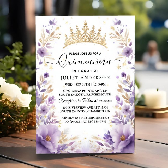 At Royal Gold Tiara Lilac Light Purple Quinceanera Inbjudningar (Skapare uppladdad)