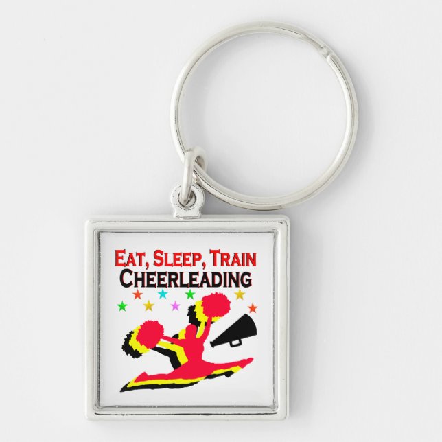 ÄT, SLEEP TÅG CHEERLEADRED DESIGN FYRKANTIG SILVERFÄRGAD NYCKELRING (Framsidan)