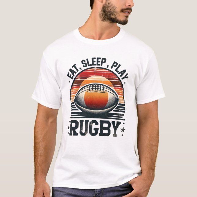 Ät, sömn, spela rugby t shirt (Framsida)