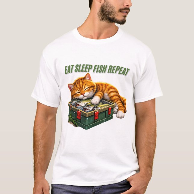 Ät Sov Fiska Upprepa Rolig Katt T Shirt (Framsida)