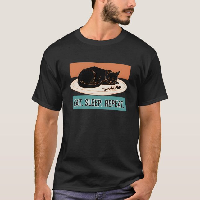 ÄT, SOV, UPPREPA - ROLIG SVART KATT T SHIRT (Framsida)