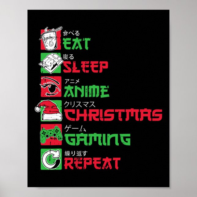 Ät Sova Anime Spelande Jul Pyjamas X-mas Holi Poster (Framsidan)