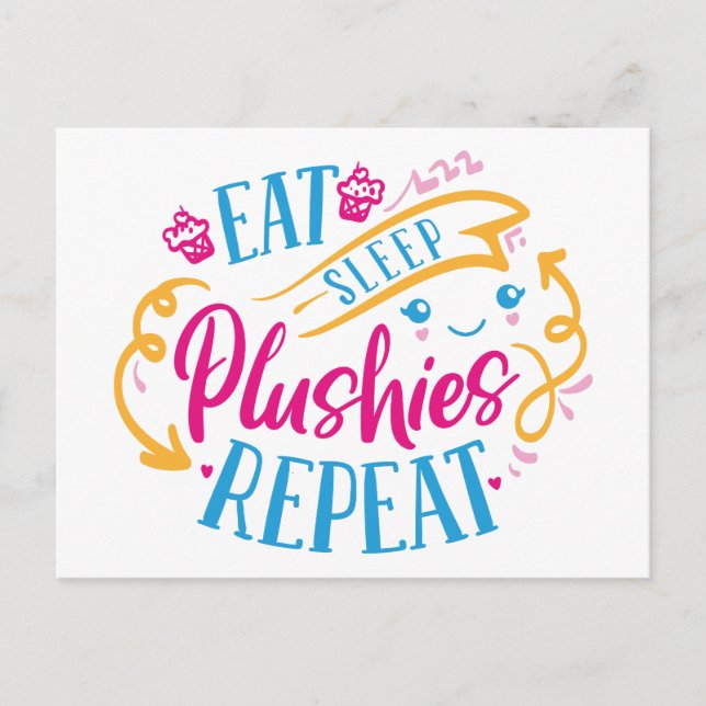 Ät Sova Plyschleksaker Upprepa | Roligt Färgglatt  Vykort (Framsida)