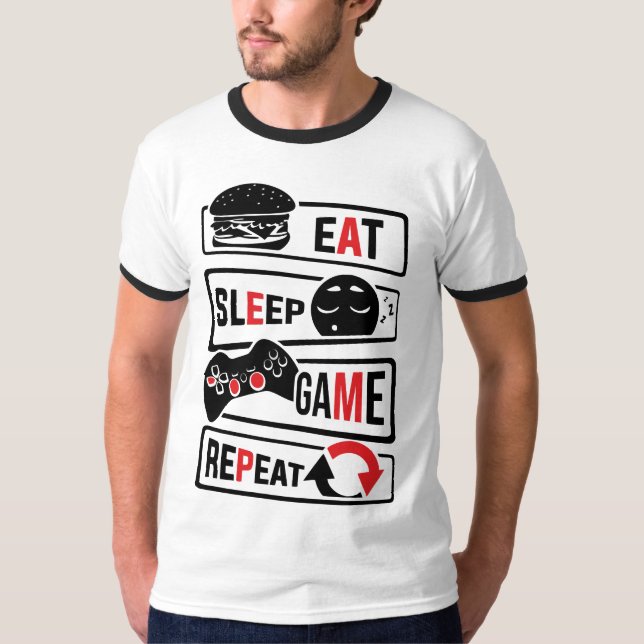 Ät Sova Spel Repetera T-Shirt | Roligt Citat för S (Framsida)