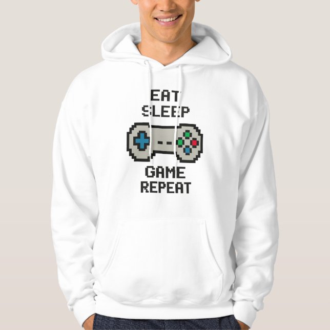 Ät Sova Spela Upprepa Hoodie – Retro Pixel Spelare (Framsida)