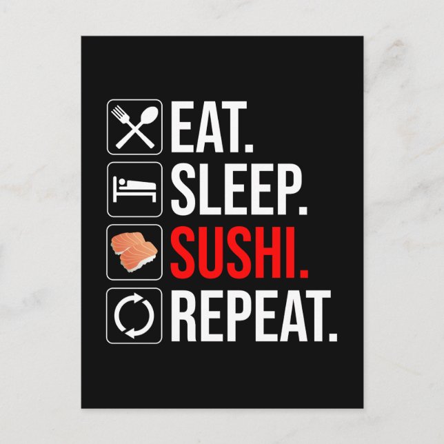 Ät. Sova. Sushi. Repetera Vykort (Framsida)