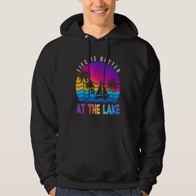 At The Lake Boat Retro Boating Summer Pontoon Hoodie (Framsida)