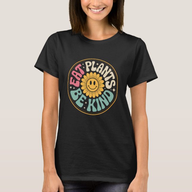 Ät Växter Var Snäll Retro Vegan Solros T Shirt (Framsida)