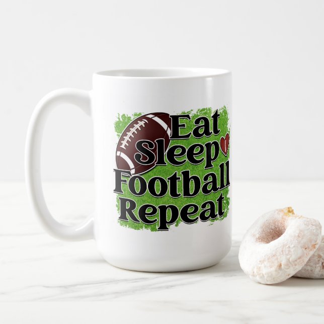 Ät, viloläge, upprepa fotboll kaffemugg (Med munk)