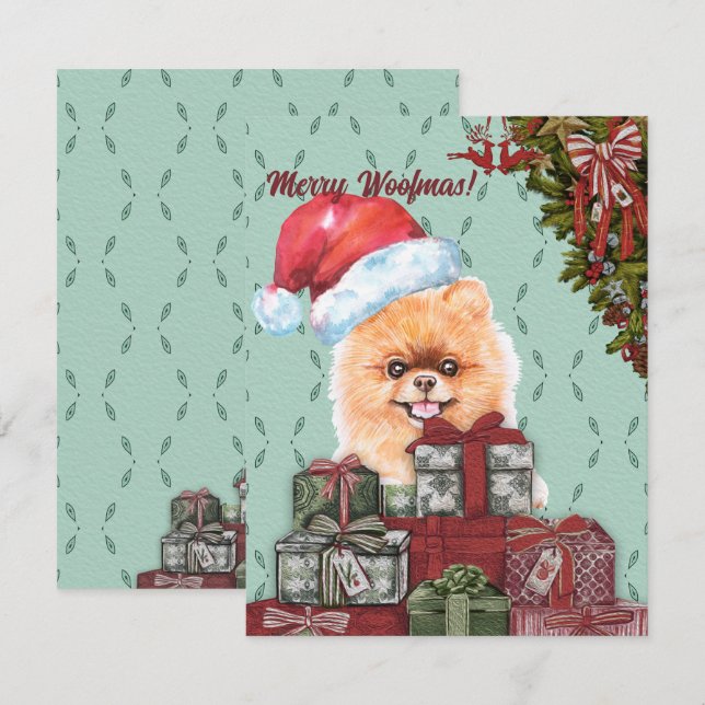 Ät Woofmas! Pommern Hund Santa Hat jul Anteckningskort (Fram/baksida)