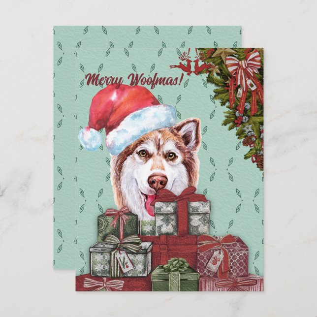 Ät Woofmas! Red Husky Santa Hat julklapp Anteckningskort (Fram/baksida)