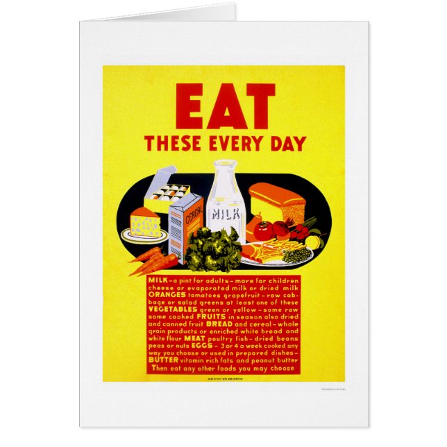 Äta dessa varje dag 1942 WPA Hälsningskort (Framsidan)