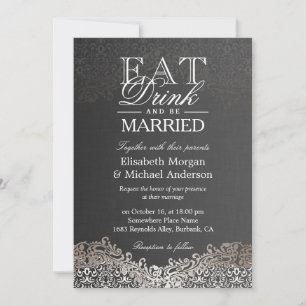 ÄTA Drick och var gift med Elegant Silver Damask Inbjudningar