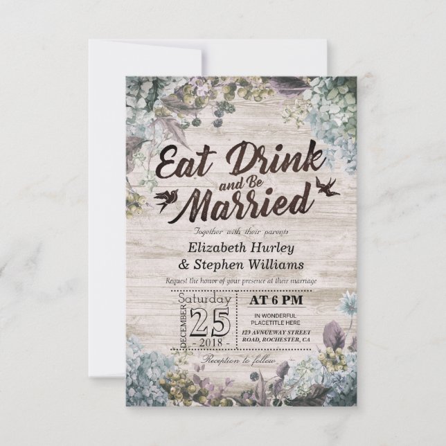 ÄTA Drink & be Married Bröllop Blommigt Rustic Woo Inbjudningar (Framsida)