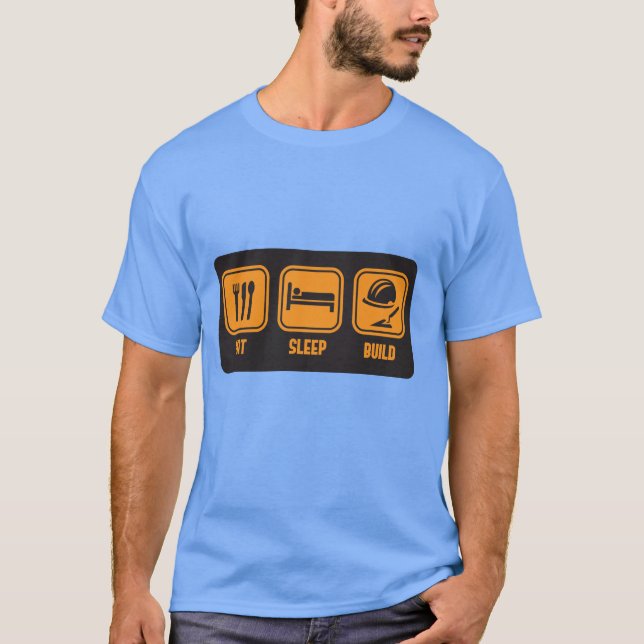 Äta sömnbyggande i orange rolig slogant-skjorta t-shirt (Framsida)