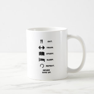Äta. Tåg. Studie. Sömn. Repetition. Ge aldrig U Kaffemugg