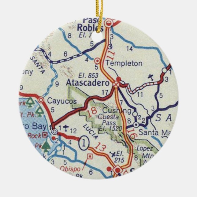 Atascadero CA Vintage Karta Julgransprydnad Keramik (Framsidan)