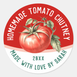 Ätbar hemmagjord tomatchutney med röda tomater runt klistermärke