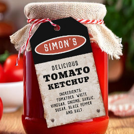 Ätbar hemmagjord tomatketchup med rostig skylt presentetikett