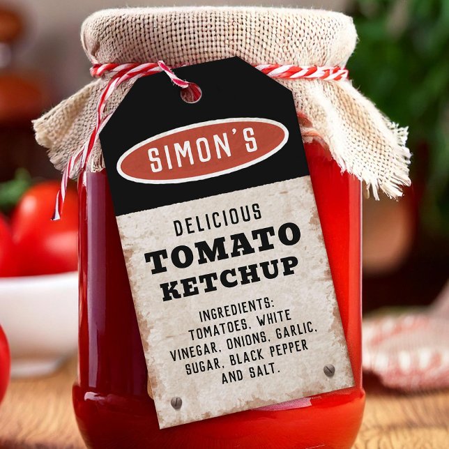 Ätbar hemmagjord tomatketchup med rostig skylt presentetikett (Skapare uppladdad)
