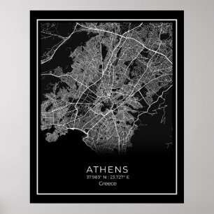 Aten City Karta - Athnes Black Karta Poster