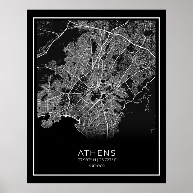 Aten City Karta - Athnes Black Karta Poster (Framsidan)