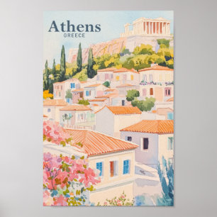 Aten Grekland Gouache Paint Illustration Travel Poster